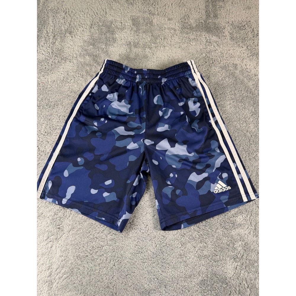 Adidas Boys Blue Camo Athletic Shorts Size M 10/12 Regular Fit 3-Stripe Active